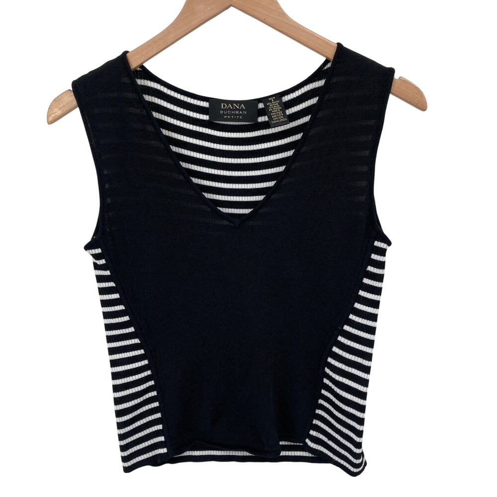 Dana Buchman Petite S Black White Striped Cropped V Neck Sweater Vest